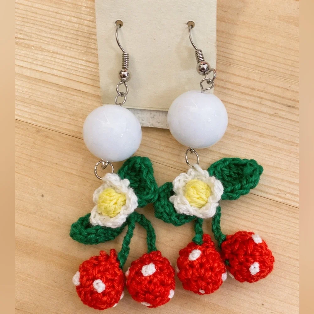 Crochet Cherry Dangle Earrings Floral Cottagecore Fruitcore NWT Boutique